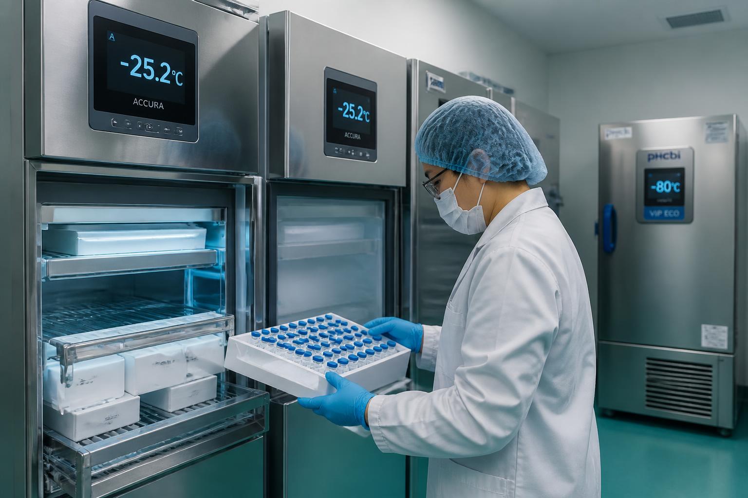 Technician in PPE handling vaccine vials in a monitored cold storage room