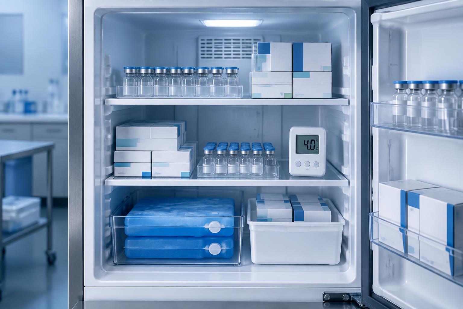 Vaccine vials, medical cartons, and temperature monitoring equipment inside a pharmaceutical refrigerator