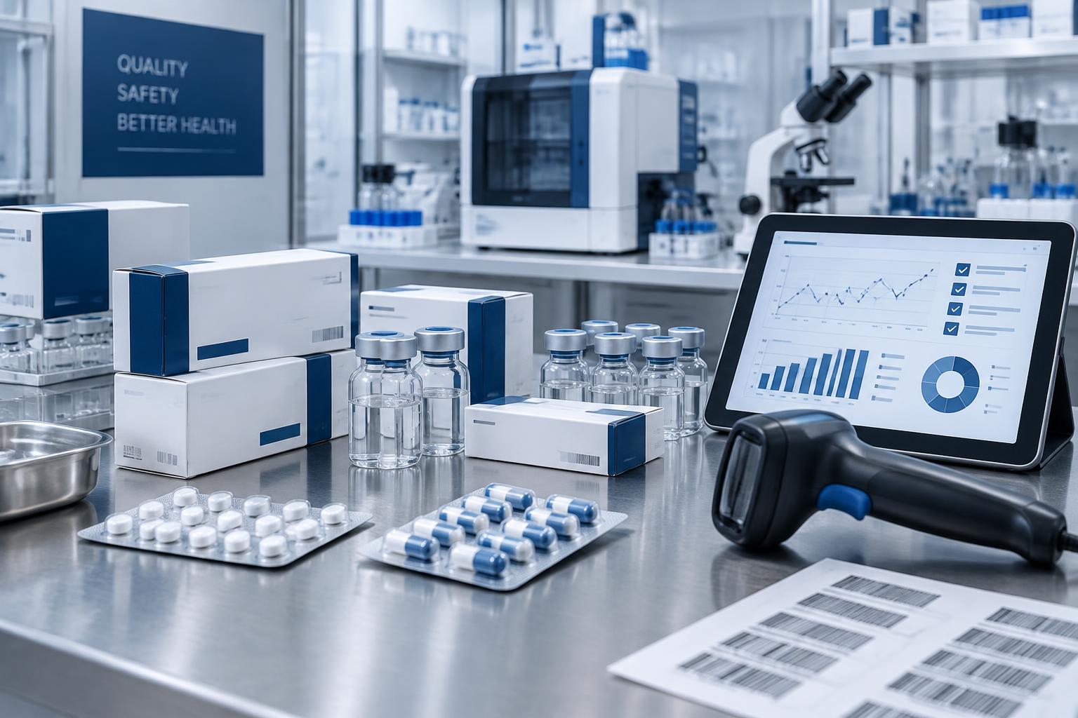 Pharmaceutical vials, cartons, blister packs, and quality-control equipment in a modern laboratory
