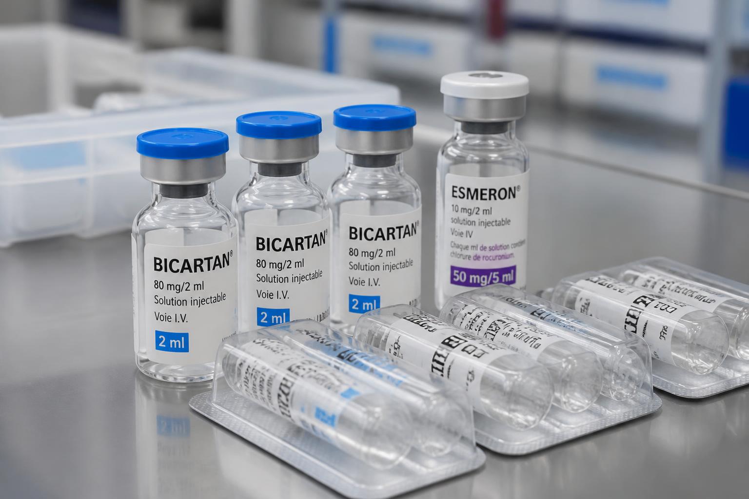 Injectable medication vials and blister packs on a sterile laboratory surface